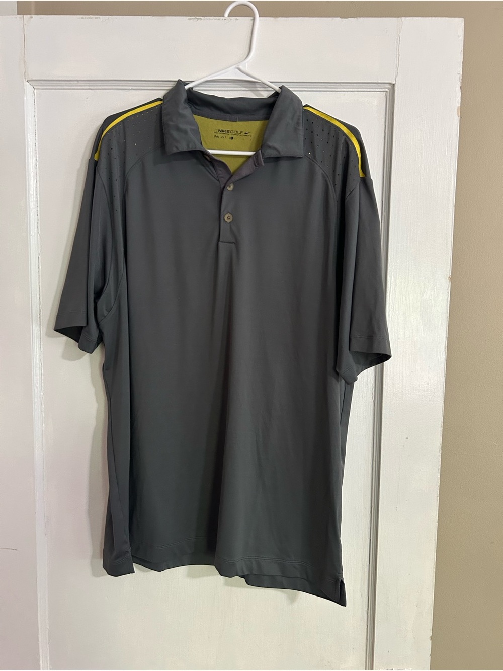 Nike Men's Gray Polo with Yellow Shoulder Stripe